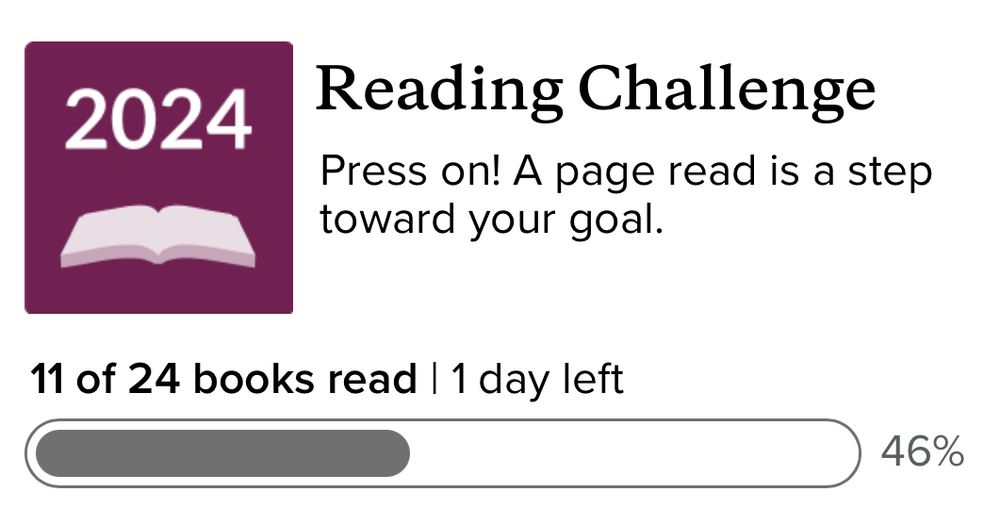 2024 Reading challenge: 11/24 books read. 1 day left