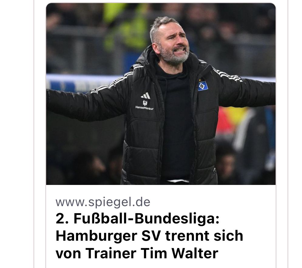 screenshot von spiegel-schlagzeile “hsv trennt sich von trainer tim walter” mit bild von ihm