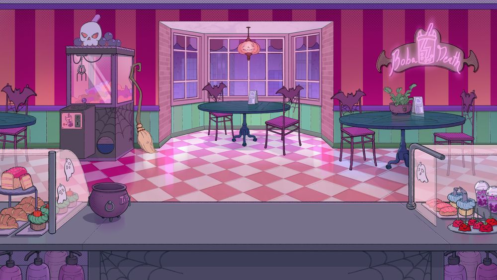 A spooky boba cafe illustration with pink and green color schemes.