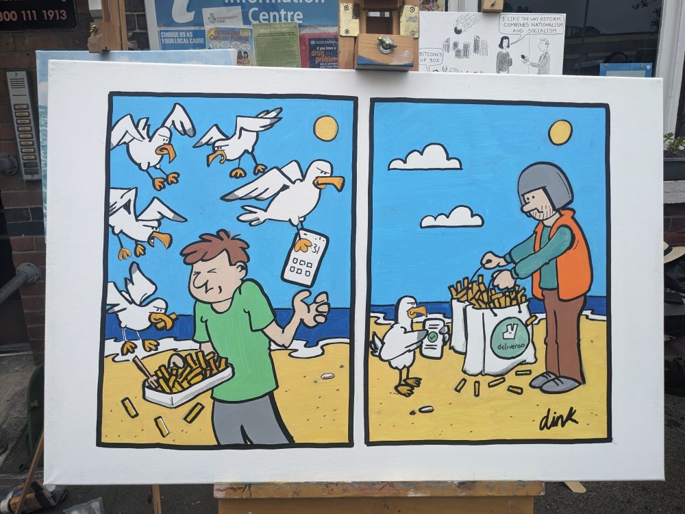A cartoon drawn live at Herne Bay Cartoon Festival. First panel- A man on the beach is having his chips stolen by a gang of seagulls.  One of them steals his phone instead. Second panel - The seagull with phone in hand (wing) is receiving a massive amount of chips from a Deliveroo driver having placed an order with the phone.