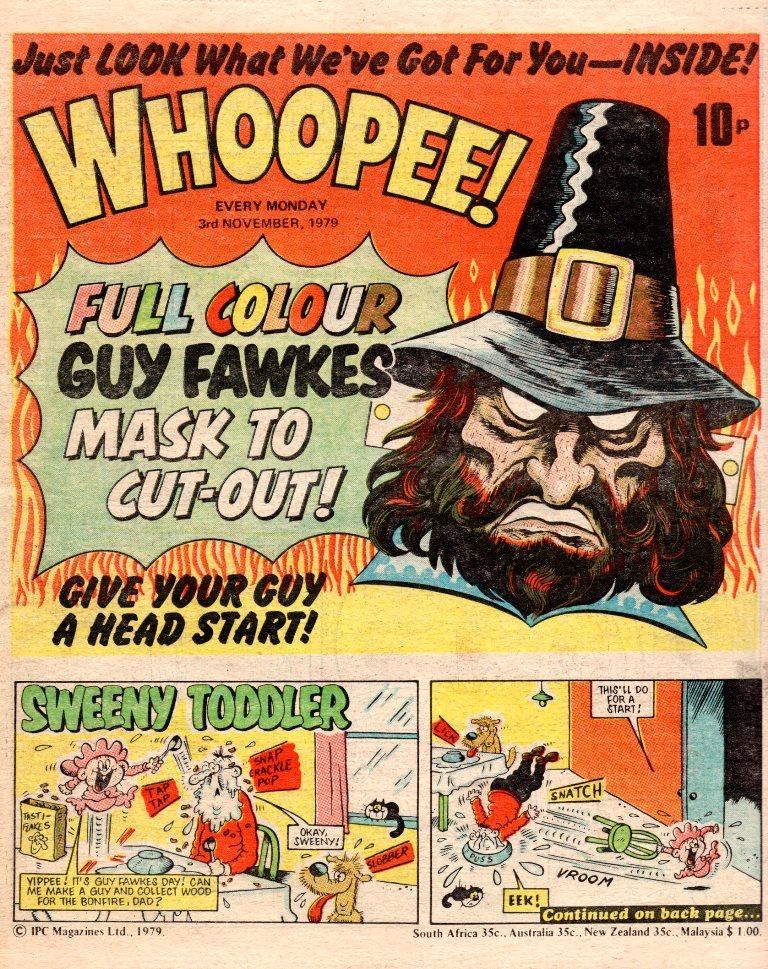 Cover of British Comic 'Whoopee!' With a free cut out Guy Fawkes mask. 1979