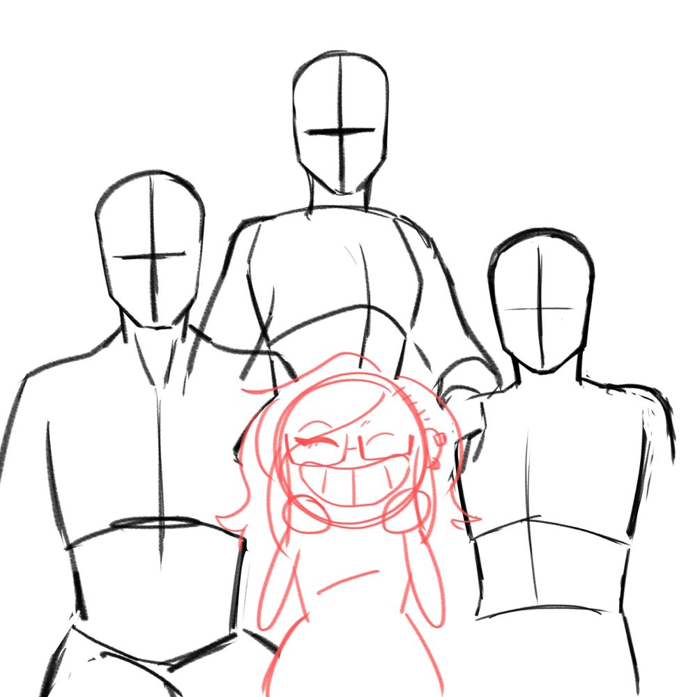Very rough sketch in black of 3 figures posed for a family portrait. A fourth was added in a much more cartoony style in pink. While the figures in black have no features as of yet, the fourth figure in pink wears a very large smile and is holding her face in her hands.