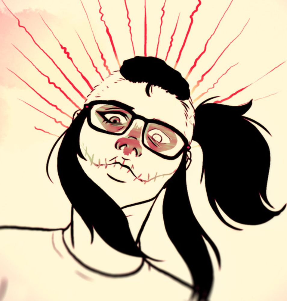 A close up drawing of a fallout of, Francine. The viewing angle is such that she is looking down on the viewer. She has a long mohawk that is tied back into a ponytail and two strands of hair that frame her face. She wears a pair of thick rimmed glasses and has her face painted to look like a skull. There are lines radiating from her head in a somewhat saint-like theme.