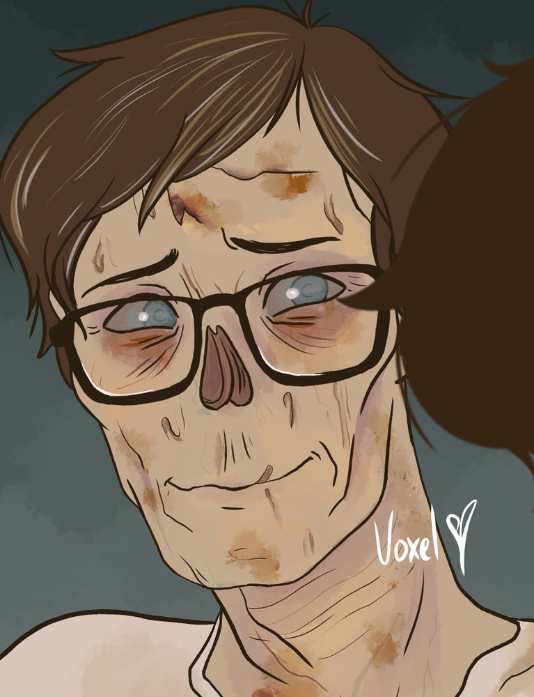 A drawing of Murphy, a ghoul from the Fallout series. He has wispy brown hair that is starting to grey. His eyes are cloudy and he wears thick black glasses. His skin is very pale and the area around his eyes is particularly red and sunken. He has a soft, but slightly anxious smile on his face.