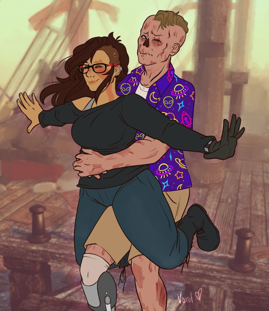 A drawing of Frankie being held up by Joey. Frankie is wearing a dark, long sleeved shirt with dark jeans and combat boots. Joey is wearing a purple, alien themed Hawaiian shirt and khaki shorts. Joey is struggling to keep her up while Frankie holds her arms out to her sides.