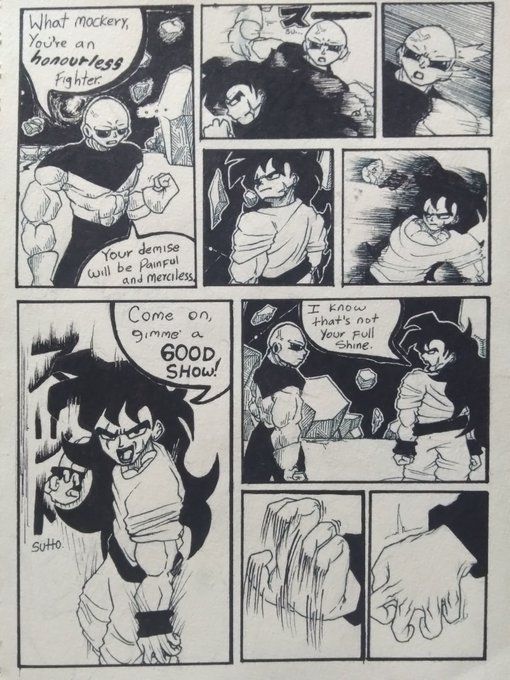 Yamcha Dodges Jiren's head-on punch, making a swift escape just to stand tall again against jiren. His purpose being just to burn that punch away.
JIREN: "What mockery. You're an Honourless fighter."
JIREN: "Your demise will be painful and merciless."
YAMCHA: "I know that's not your full shine."
Yamcha raises his fingers in a wolf-fang-fist position, and moves the hand down, suddenly striking a pose and getting ready for the fight
YAMCHA: "Come on, gimme a GOOD SHOW!"