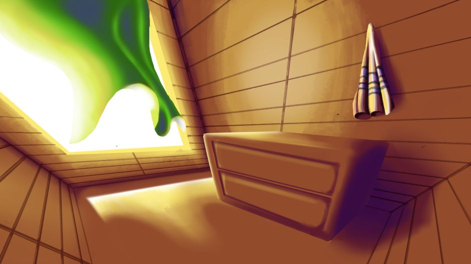 A room with wooden walls, a big open window that shines through the green courtains, a wardrobe and a towel. It's a very cozy space, even if kinda empty