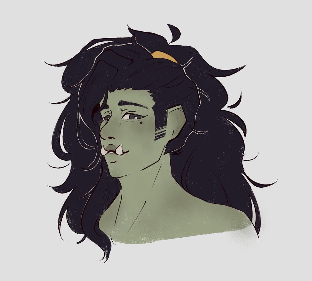 The same half-orc woman, now smiling, as she has a messy and poofy pony tail and a long fringe cascading down the right side of her head.