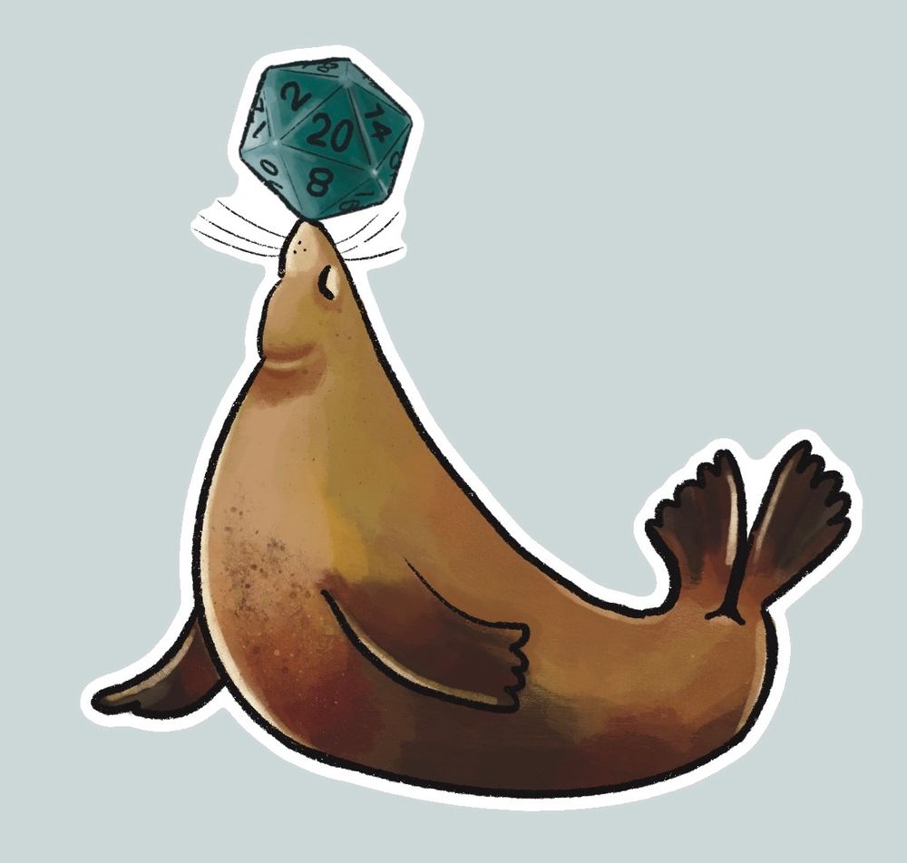 An illustration of a sealion balancing a 20 sided dice on their nose like a beach ball