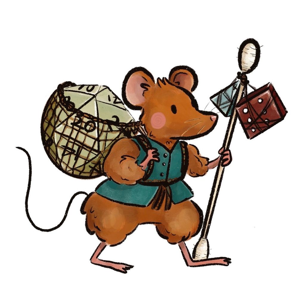 Illustration of a mouse in a blue jerkin, carrying a d20 in a net sack. They also have a cotton bud staff, with a d6 and d4 tied around it.