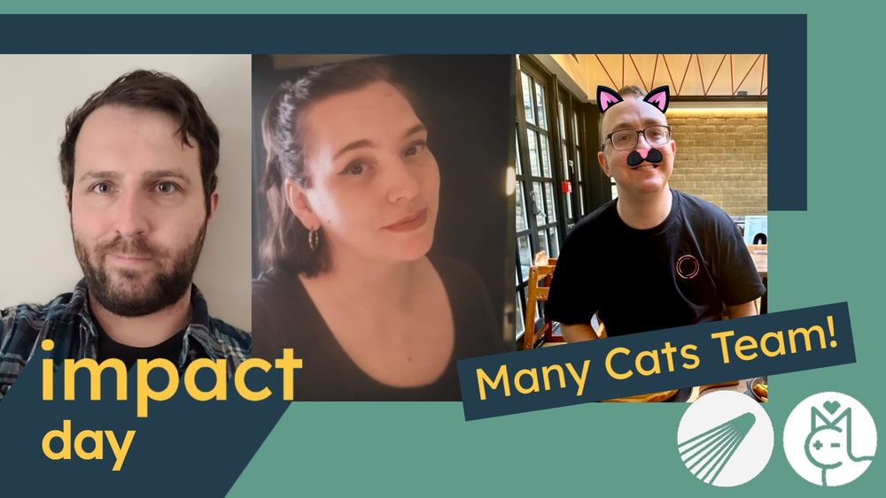 Three profile pictures of Many Cats team. From left to right, Chris is a white male with a brown short beard and short brown hair in a checked shirt. Harriet is a white femme presenting person with long brown hair in a ponytail and gold hoop earrings. Mat is a white male with glasses and some hair. He has kitty ears and a kitty nose. Why? Because. Impact Day, Many Cats team with white logos of Kepler Interactive and Many Cats on bottom right.