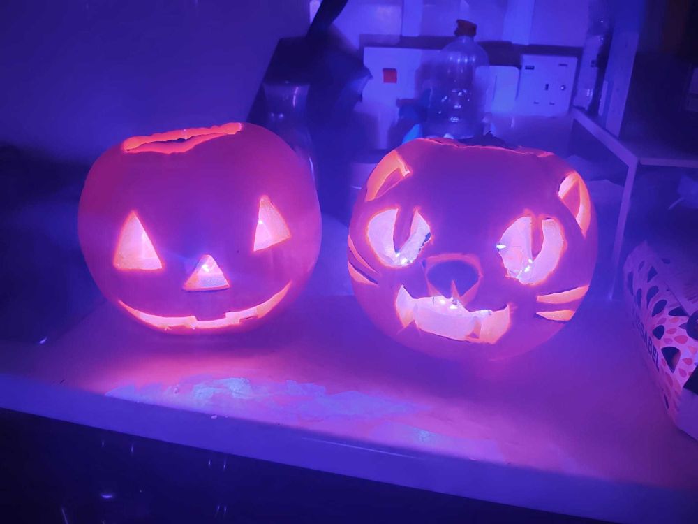On a kitchen counter, two pumpkins have been carved for Halloween.
Both illuminated with fairy lights inside. The left one is traditional and the one on right is carved with a cat face. 