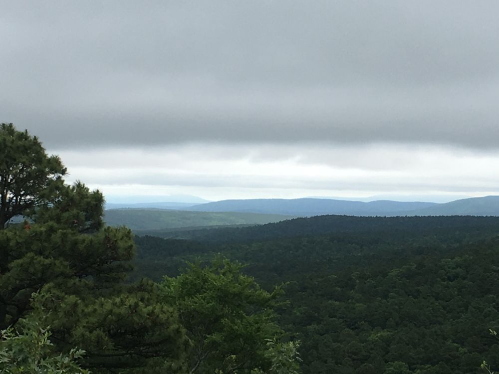 photo from on top of a hill on a cloudy day, showing the rolling green tree filled hills of southeastern oklahoma.