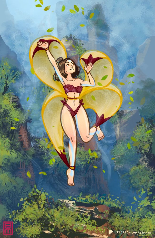 Young Adult Jinora from Avatar: Legend of Korra. Here she is wearing a prototype parachute type outfit that looks like a bikini with large billowing fabric attacked to her wrists, ankles and waist. She is airbending around her so the air catches in the billowing fabric and lifts her up.