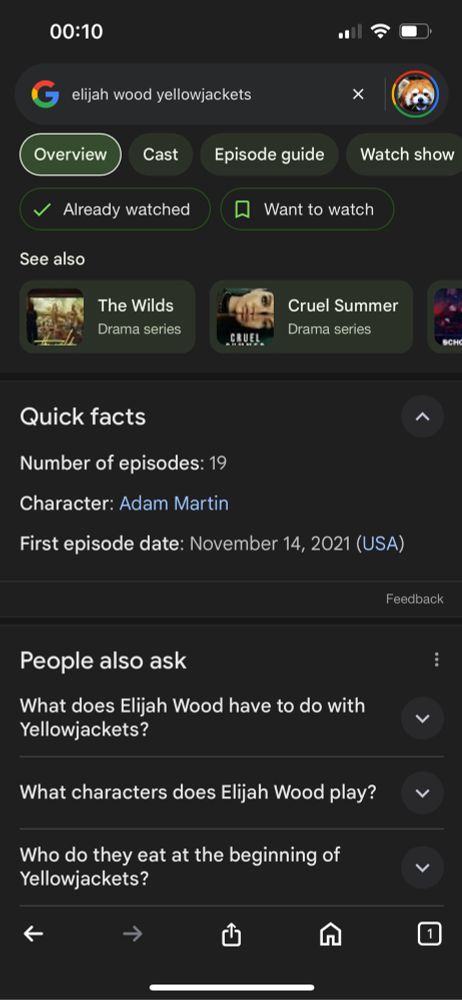 Google results telling me that Elijah Wood played Adam Martin in Yellowjackets under their “Quick facts” section