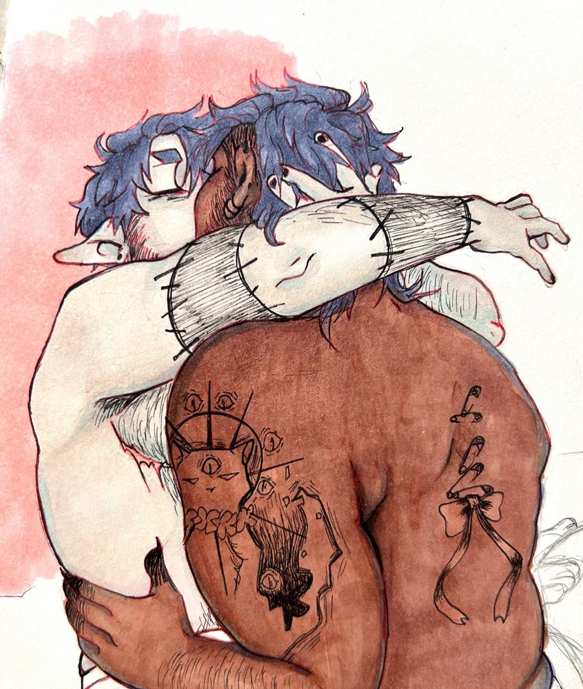 Coloured art of my ocs Reynante and Naoise, there are shirtless and kissing yaaaay