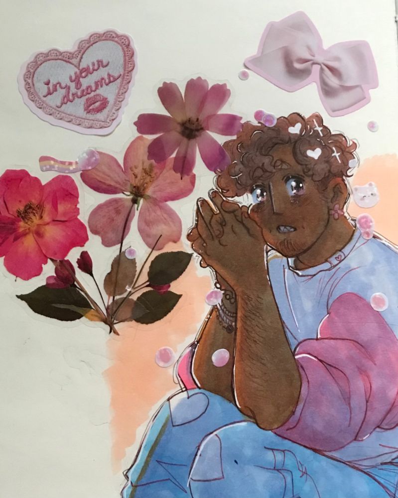 Coloured marker art of my oc Kia. He’s sitting with his hands laced together by his face with stickers and pressed flowers decorating the page