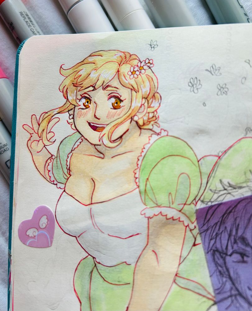 Marker art of my oc Noinin wearing a green dress and being cute 