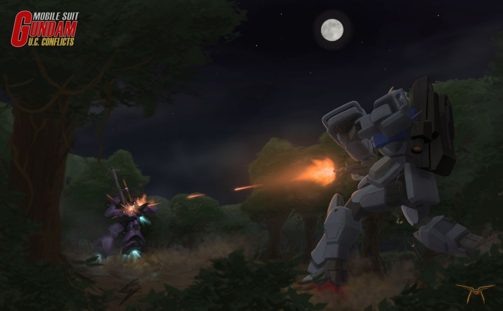 A ground type Gundam ambushes a Dom in the dead of night, spraying it with 100mm machinegun fire as it speeds through a clearing in the jungle.