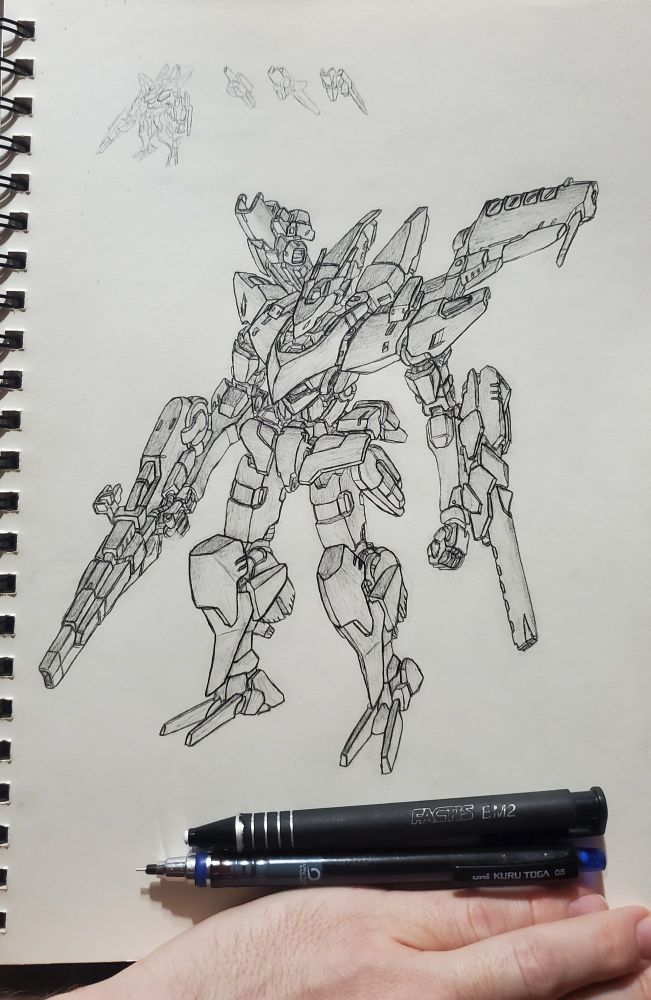 Unnamed warsuit sketch, a nimble middleweight craft with a concentrated fusion rifle, fusion cannon, 4-cell missile pod and plasma rifle/saw