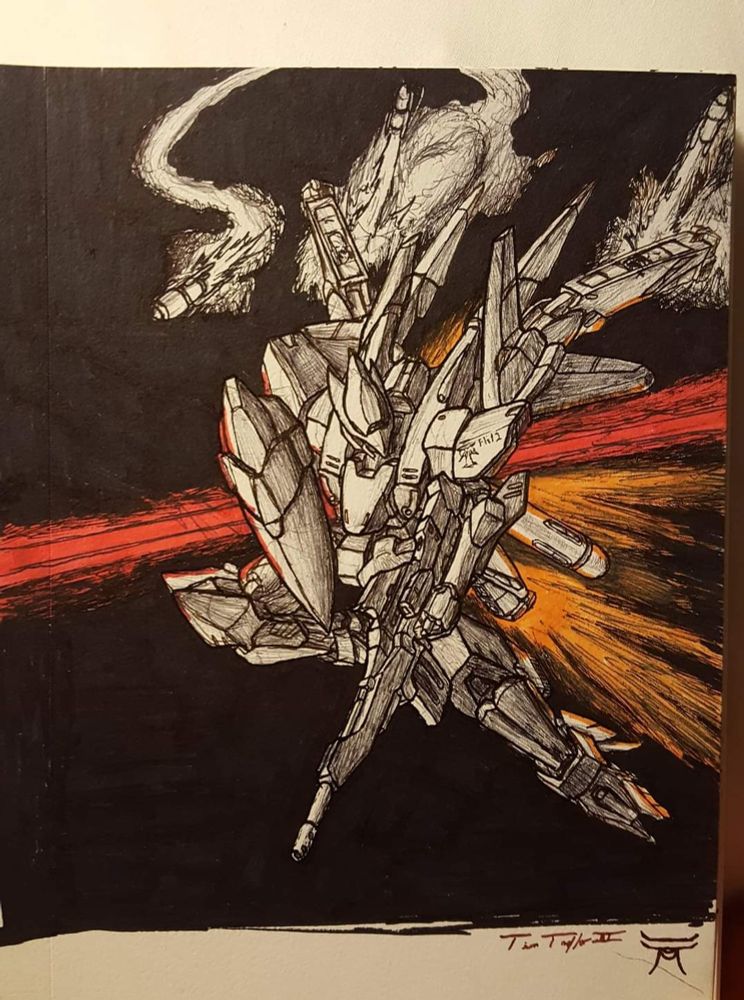 Marker piece of a flying-type warsuit against a black background, orange thruster plumes spraying from behind it, a red beam splitting the canvas. The warsuit is firing off missiles from racks on it's back, and carries a shield and rifle. Unit markings are etched on the left shoulder.