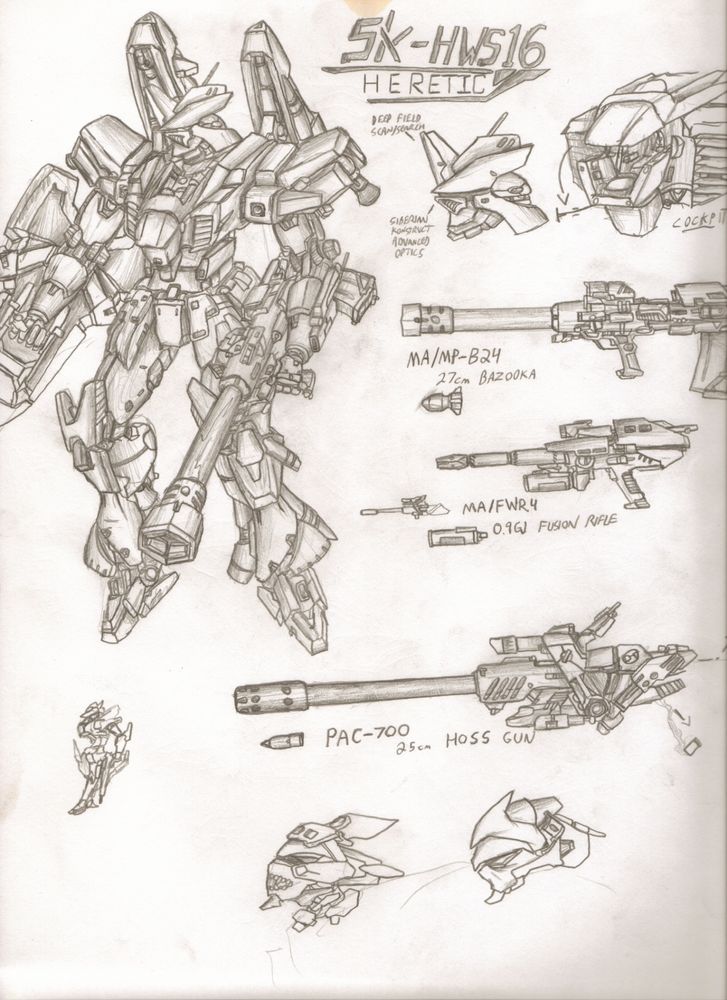 SK-HWS16 Heretic

Very old pencil sketch of a heavy warsuit, with a few weapons and detail exporation of the cockpit and head