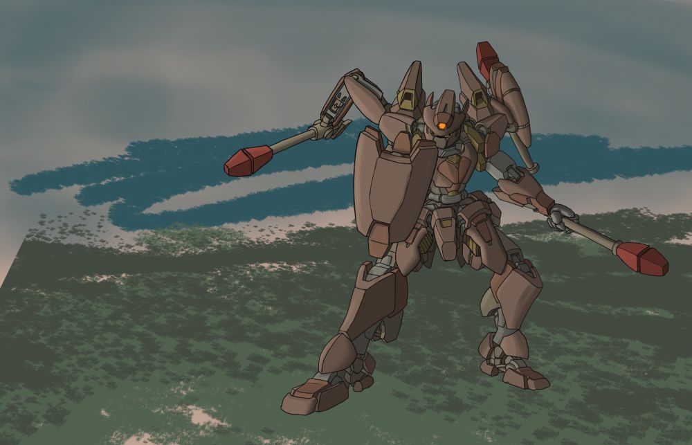 'Ord' warsuit, a craft build specifically for melee combat. Wields a mace and shield in-hand, with the shoulders mounting two sub-arms with additional, identical maces. The lower legs house shotshell launchers that fire upward from the knee, making close-in engagements extremely perilous.