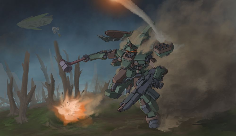 Digital illustration (WIP)- Zarat warsuit stomps through a cloud of dust, firing off a missile from the launcher on its left shoulder. On the right, an experimental plasma cannon. It's right arm carries a hammer, the left a rifle. In the distance, over the crowds of dead trees and morning mist, another warsuit parachutes down from a passing dropship.