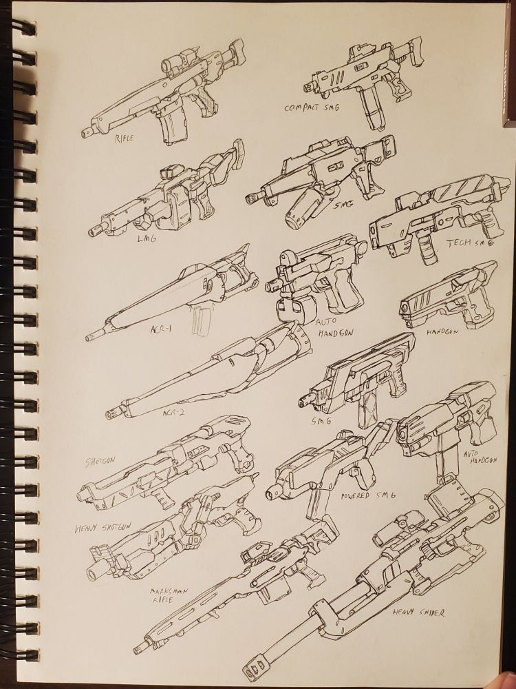 Large page of various firearms for warsuits, including shotguns, rifles, pistols, submachineguns and sniper rifles