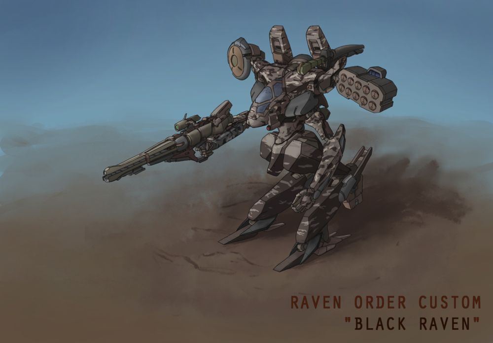 Commission work for WHISPER

Raven, Order Custom "Black Raven"

Light walker in desert/mud camouflage pattern, designed for special operations. Armed with an experimental portable railgun in-hand, and a 10-cell missile pod on the opposite shoulder. Also carries a plasma sword and deep-field radar.
