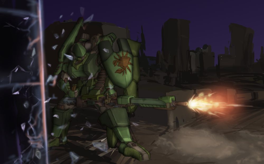 First iteration of the Axecrab, featuring a more rounded, organic form, a much larger shield, and a drum-feeding mechanism for the heavy machinegun mounted on the back. Eventually developed into the Axecrab II, due to concerns about increased mobility as warsuit technology advanced. Axecrab seen here firing it's primary weapon full-auto from within a ruined urban area, releasing such consistent pressure waves that nearby windows from buildings put up 700 years ago shatter.