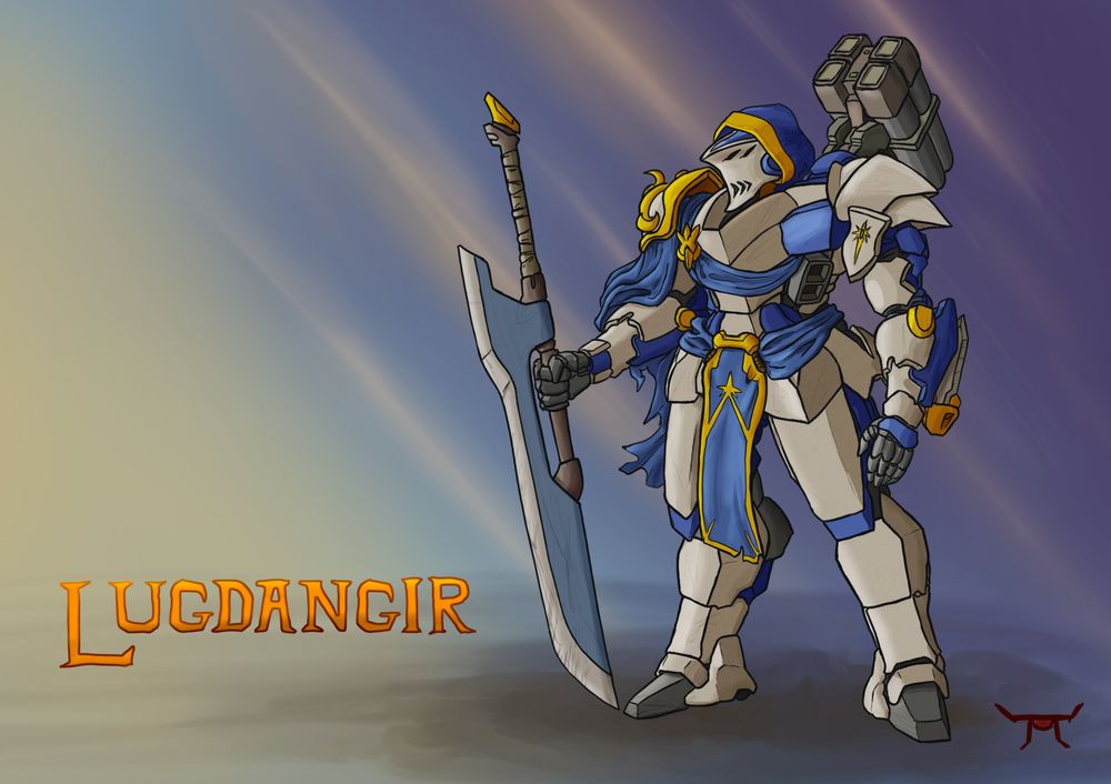 Lugdangir, royalty-flavored mecha for LANCER RPG. Painted in white with gold accents, and royal blue secondary colors. Waistcloth, cloak and hood are fabric in the same shade of blue. Wields a massive greatsword, self-propelled throwing knife, and carries a 4-cell launcher on the shoulder.