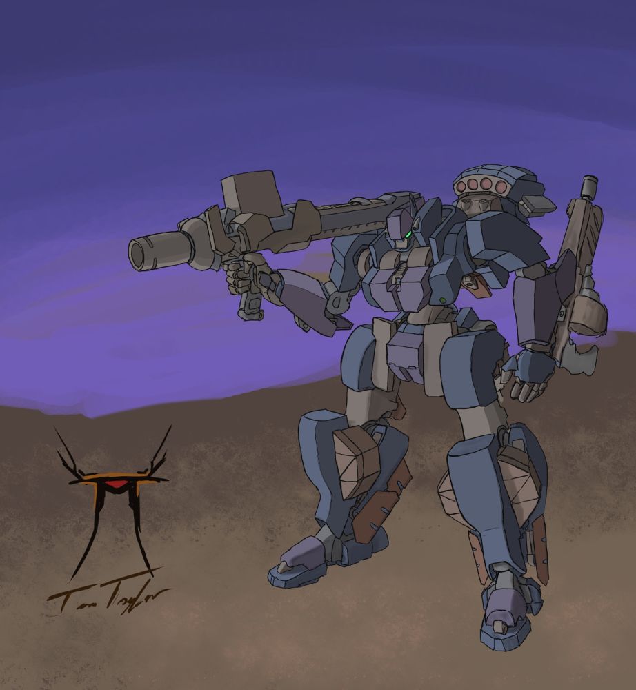 Heavy bipedal with a large bazooka, missile pod and shotgun. Digital sketch