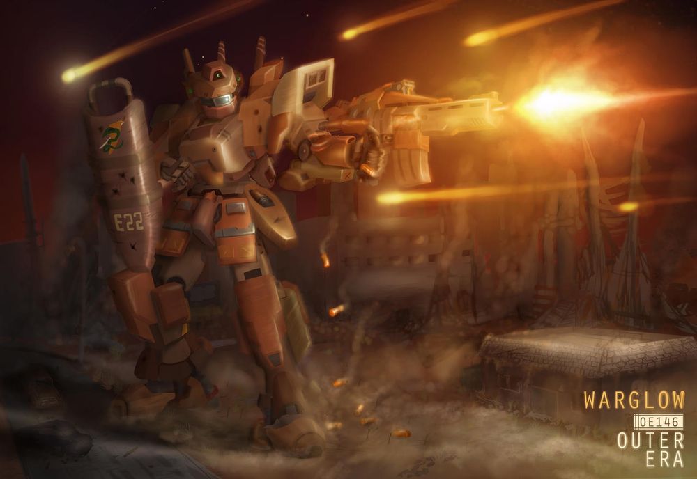 Digital paint of a ground warsuit standing in a ruined city at night, returning fire with it's rifle and shaking the dust off the surrounding structures