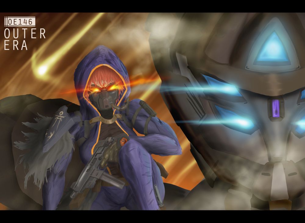 Charon's star infiltrator Face, kneeling atop the shoulder of her warsuit. Digital illustration