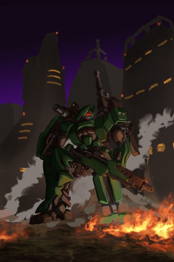 Green ground-pounder mech with a large rifle, grenade launcher and shoulder cannon kneels in the burning wreckage of an enemy craft, framed by towering structures of a city at night