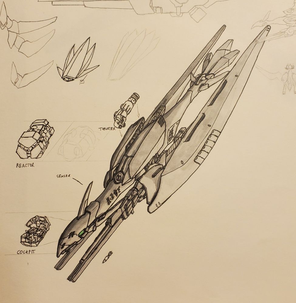 Marker sketch of a craft designed to dive from extreme altitudes to deliver railgun sabot at incredible velocity 