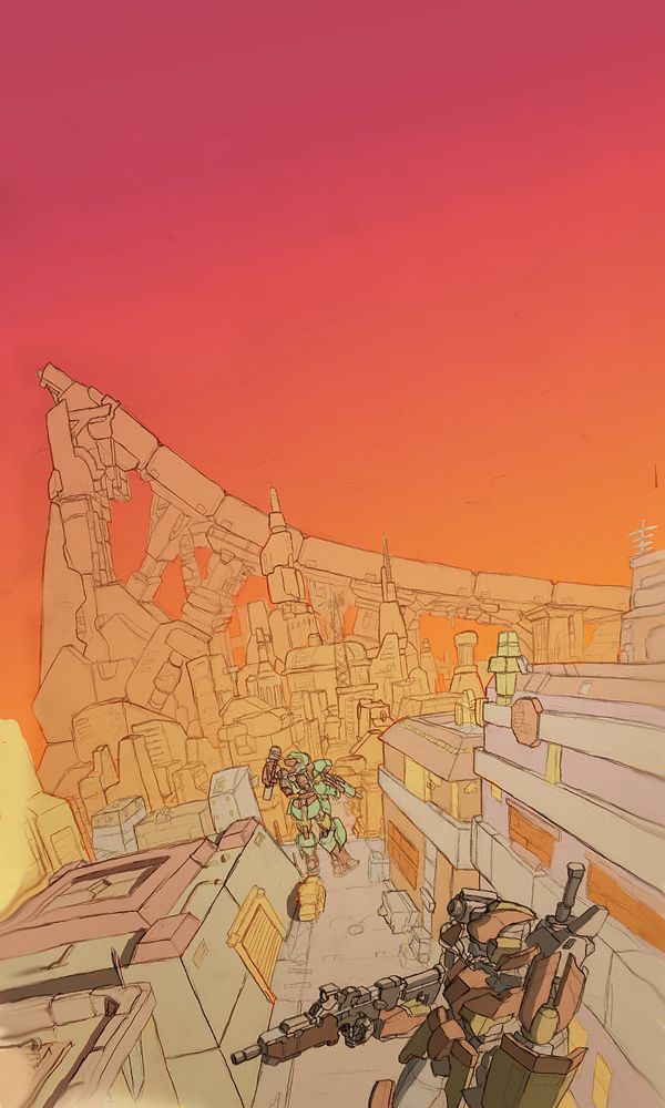 A pair of warsuits stand guard in the streets of Skycrest, the distant evening sky framing one of the many launch ramps that mark the landscape.