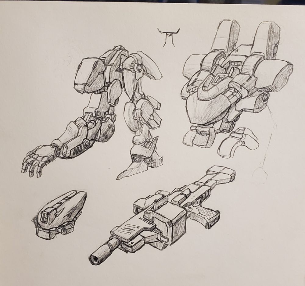 Expanding on the first drawing with a flat, low-profile head design and a chunky submachinegun with a box mag