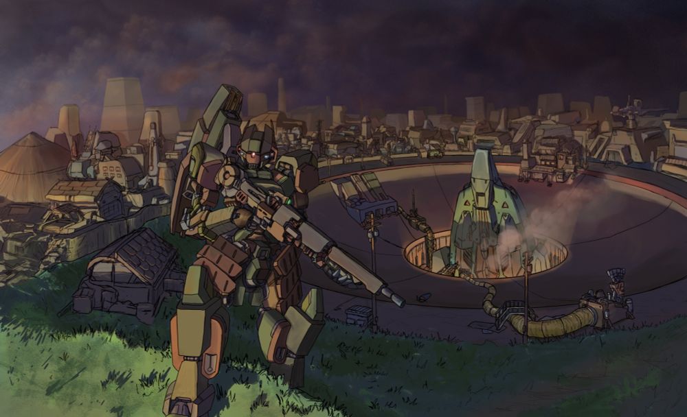 'Sentinel'

A lone warsuit crests a hill outside of a settlement built around an abandoned ship bay, patrolling the perimeter of the launch bowl.