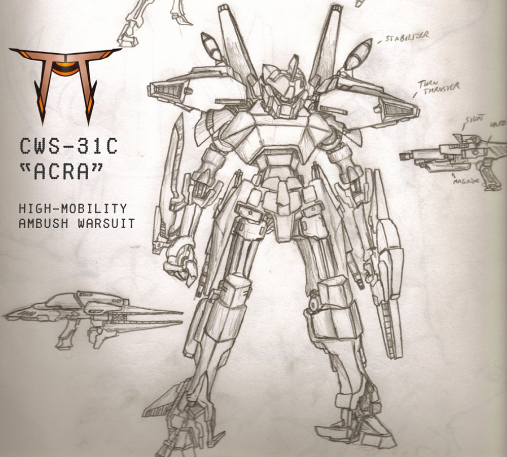 Pencil sketch of the CWS-31C Acra, a high-mobility warsuit built for ambushes and sporting one of the first functional fusion weapons used by CoTE.