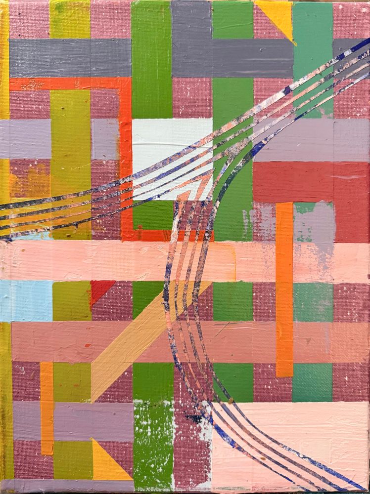 A geometric abstract painting on a rectangular canvas. In the midst there are variegated organic curved lines giving a sense of motion and flow.
