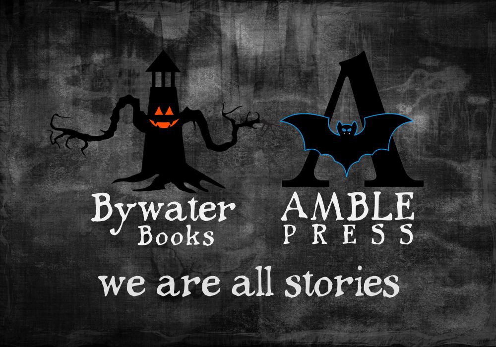 Dark ghosted image with Bywater Books and Amble Press logos—Bywater Books logo is a lighthouse turned into a creepy tree with orange eyes and mouth. Amble Press Logo has a blue-outlined bat as the cross in the middle of the A. It says Bywater Books Amble Press We Are All Stories.