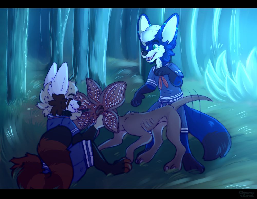 Keanu and Rhythm playing with a demodog (from Stranger Things)