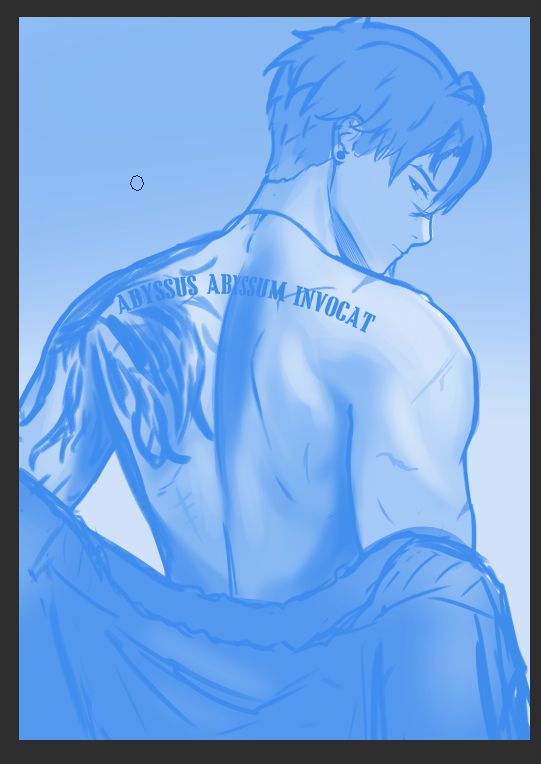 a rough sketch of my OC Aiden, showing his bare back with his scars and tattoos and looking back over his shoulder.