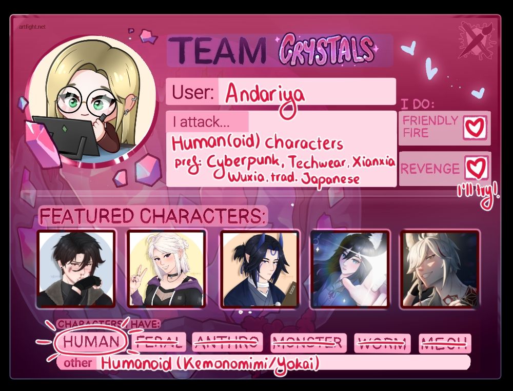 A Team Crystals Team Card of Andariya for Artfight 2025
