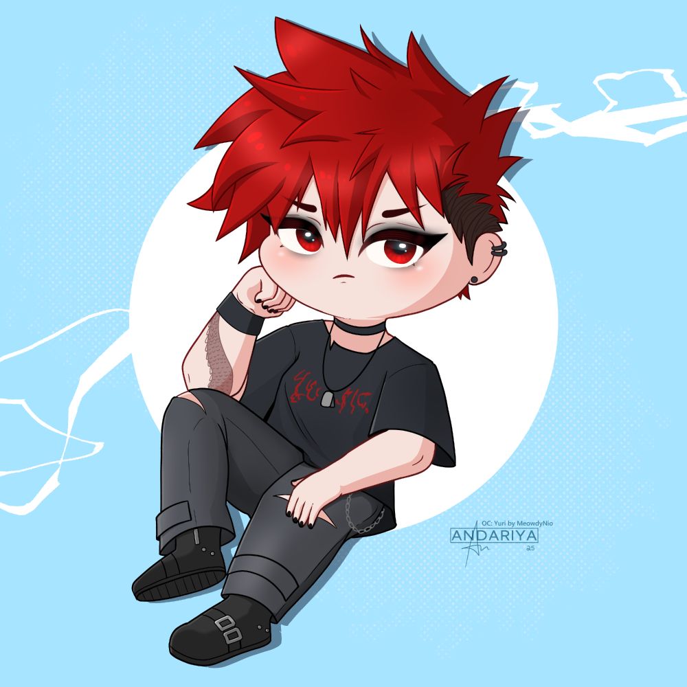 A chibi drawing of MeowdyNio's OC Yuri. He has flaming red hair and is chilling with his head resting on his fist with a slightly grumpy look on his face. 🎨