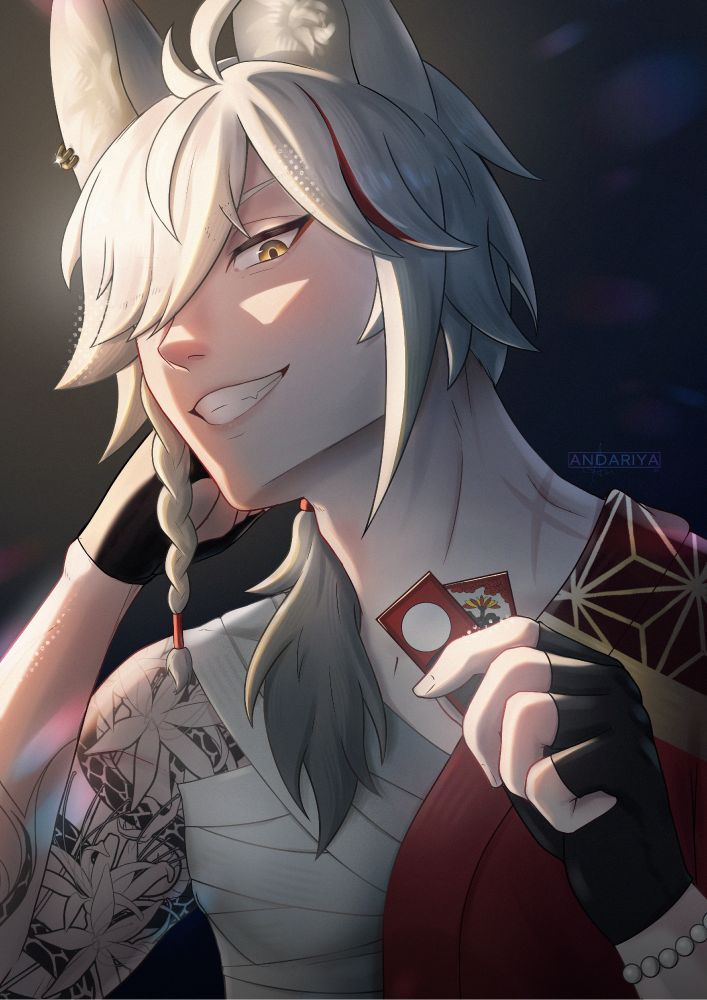 An illustration of a ash-blonde kitsune man with yellow-gold eyes and an X-shaped scar on his neck. He is looking at the viewer in a smug way. He is smiling widely, while his head is propped up on his right fist and leaning back a bit. In his left hand, he is holding two hanafuda cards which form a scoring hand that he smugly presents.
He is wearing black half-gloves on both hands, his red/gold kimono only on his right shoulder while the other, as well as his chest is covered in bandages. His right arm is decorated with a spider lily tattoo. The whole illustration has a strong illumination, accentuating the character.