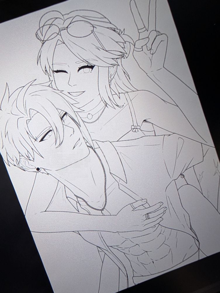 Lineart of Aiden piggyback carrying Dust on his back. He is wearing an open button up shirt and is looking up at Dust. Dust wears a bikini and smiles at the camera while showing a peace sign with her hand.
🎨