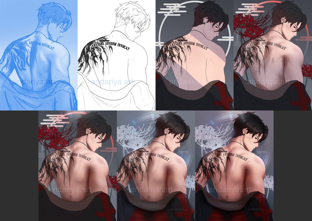 Process for the quoted illustration 🎨
1) Sketch
2) Lineart
3) Flats and rough lighting concept (I changed my mind on the lighting a bit later)
4) Added Red Spider Lilies to the background and colored the circle in the background a bit red. Also started rendering of the skin.
5) Even more rendering...
6) Hair rendering + Changed background and turned spider lilies white and translucent, and made the ring more "cyberpunk" looking.
7) Finishing touches with an overlay layer, gradient maps, and effects 